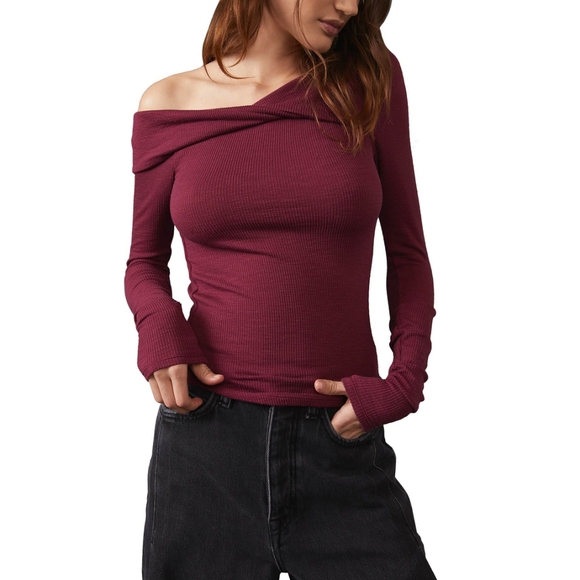 Free People We The Free Addie Layering Lomg Sleeve Ribbed Shirt Top XL in Wine - Picture 4 of 11